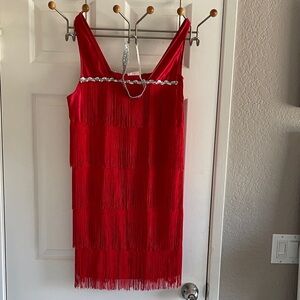 Flapper Red Fringe Costume Dress with Silver Accents L